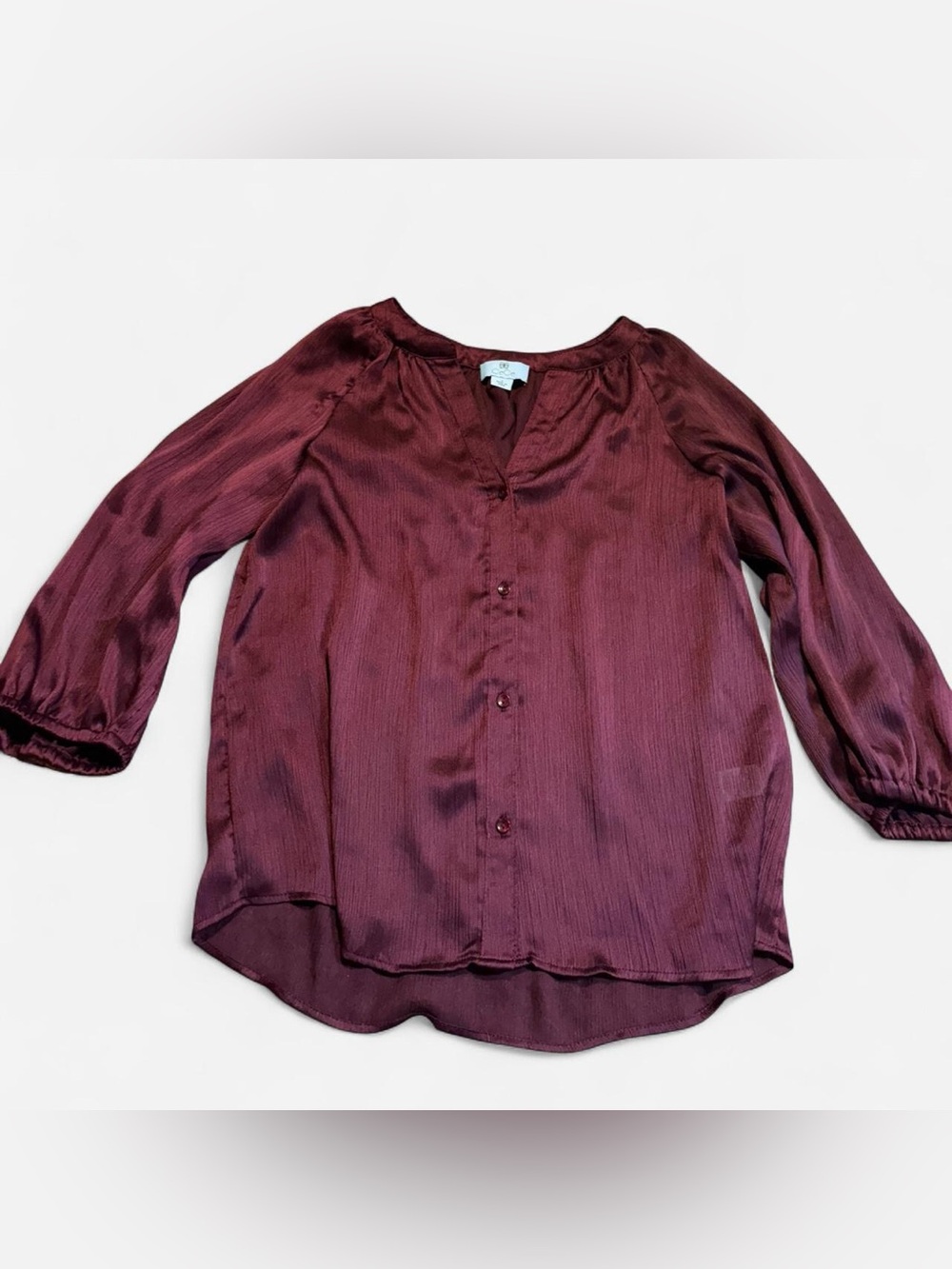 CeCe Wine Satin Button-Front Semi Sheer Blouse